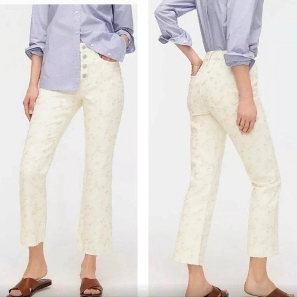 J.Crew‎ Billie Demi Boot Crop Jeans 28 White Embroidered Floral Raw Hem Cotton